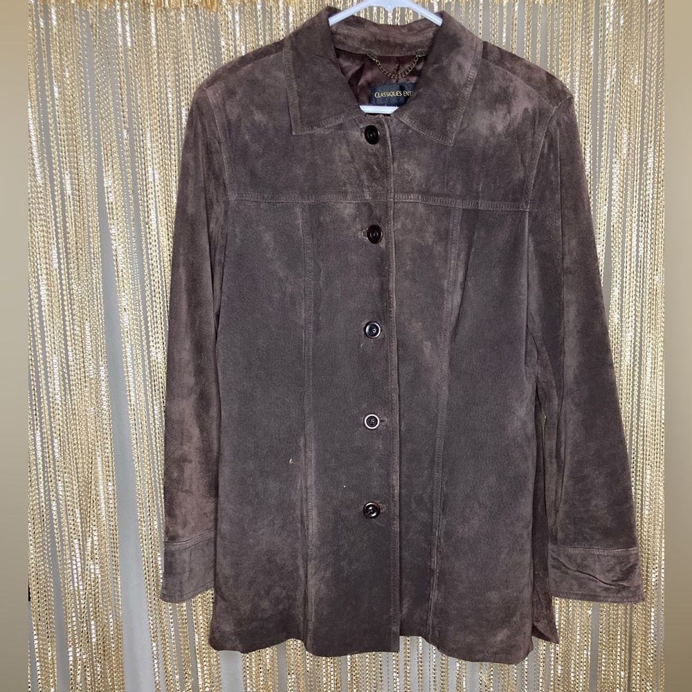 Vintage 90s genuine leather suede chocolate brown button up collared coat jacket